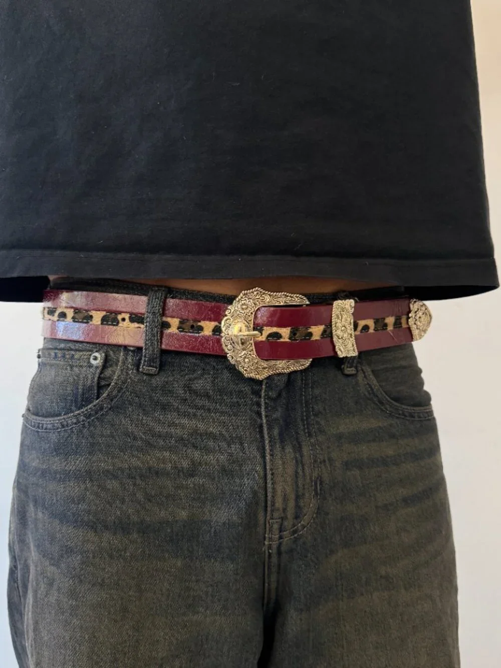 Wine Red Leopard Print Antique Western Belt